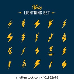 Unusual Abstract Vector Lightning or Blizzard Flat Style Icon Set. Yellow on Blue Background.