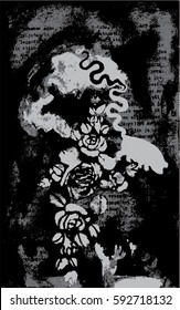 Unusual abstract vector painting. Animals, snake, pig, swine, deer. Black, white and grey gothic image. Backdrop.