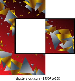 Unusual abstraction in red-black background. Vector image with gold and silver figures. The white square is in the middle of the abstraction. Abstraction for photo, web, greetings, flyers.