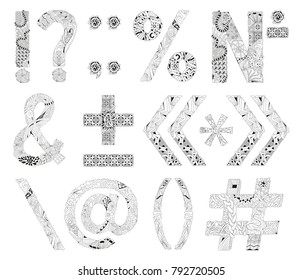 Unusual alphabet doodle style punctuation marks on a white background