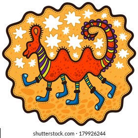 Unusual animal with six legs in blue boots and two humps on a yellow background with white stars