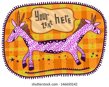 Unusual animal with two heads and one body. Pink striped with dark dots. At the head of an animal horn. It has hooves and ejected stars. Space for text at the top of the animal.