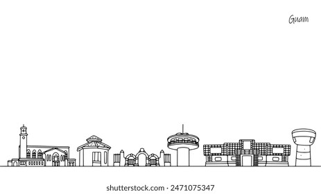 Unusual architecture of the island state of Guam. Hand drawn buildings and architecture. Travel vector for different uses.