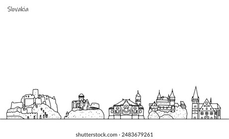 Unusual architecture that can be seen on the streets of Slovakia. Panorama of the country's streets with beautiful and unusual buildings. Vector illustration on the theme of tourism.