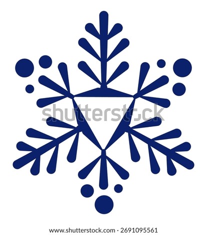 An unusual asymmetrical snowflake with six points and no background. Beautiful pattern of elements with triangle in center. Isolated winter precipitation. Symbol of winter precipitation, An ice flake