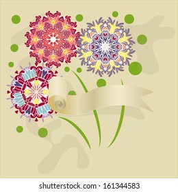Unusual background, pattern with space for text in the form of a scroll, decorated with fantastic flowers