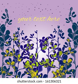 Unusual background template for text with silhouettes of plants and fabulous night sky with the effect of negative. Used clipping mask.