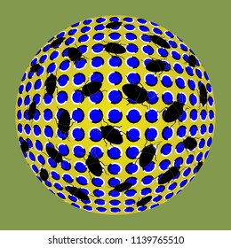 Unusual ball executed in the form of fluctuating blue polygons and black bugs. Optical illusion of the movement. Abstract background. 3d effect. Creative modern design. Style op art.