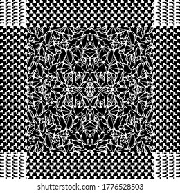 Unusual bandana print. Contrast pattern with checkers and chaotic elements. Men fashion collection.