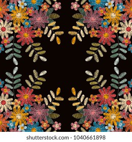 Unusual bandana print with cute embroidery of flowers and leaves. Colorful pattern on black background. Fashion design. Vector illustration.