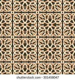 Unusual beautiful abstract seamless pattern of cambered elements. Convex figures in orange and yellow colors. Vector illustration for stylish fashion design