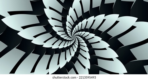 Unusual beautiful flower pattern in the form of a spiral in gradient gray, white and black colors. Abstract illustration which consists of 3d triangular gradient black, grey, white petals. 
