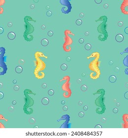 Unusual and beautiful seahorses, inhabitants of the deep sea, ocean, water, seaweed, vector, seamless pattern, colored, art, illustration, background, aqua, blue 