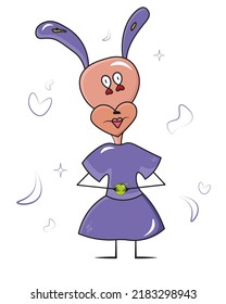 unusual beautiful and simple girl daughter in doodle style on a white background with an apple and in a purple suit