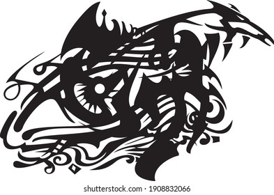 Unusual black and white eye symbol in the fish form. Abstract flaming eye icon for tattoos, textiles, emblems, engraving, prints, logos, vinyl cutting, as decorative element, etc.