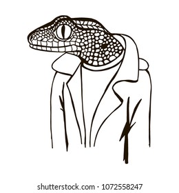 an unusual black and white graphic portrait of a lizard in clothes. brutal character, tattoo, sticker, doodle,
