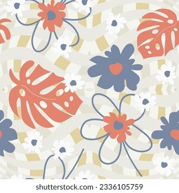 Unusual botanical print on dynamic checkered background. Exotic seamless textile design in liberty style. For fashion design, wallpaper, cover, wrapping-paper, gift paper. Vector illustration.