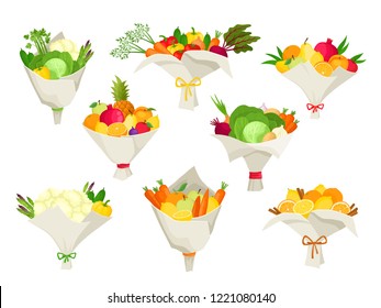 Unusual bouquets of vegetables and fruits isolated on white. Vector set with original presents used for magazine, cafe, stickers.