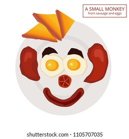 Unusual breakfast. Fried eggs, sausage, toast and tomato in the form of a monkey. Monkey for breakfast. Vector picture of food.