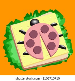 Unusual breakfast. Toast, sausage, cheese and salad in the form of ladybug. Sandwich ladybug for breakfast. Vector illustration of meal.