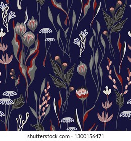 Padrão floral brilhante incomum com mão desenham flores de fantasia. Fundo do vetor. Fundo azul escuro.