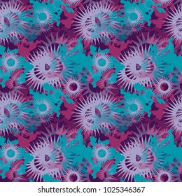 An unusual bright seamless pattern in the form of blue abstract figures through which the light purple flowers or gears are visible on a dark violet background