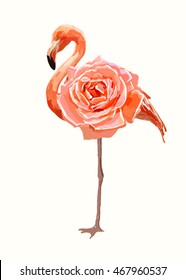  Unusual bright vector print with beautiful pink flamingo and a rose, flower English rose. Perfect for wallpapers, web page backgrounds, surface textures, textile.