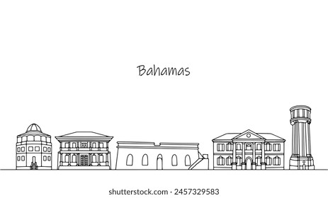 Unusual buildings and architecture that can be seen in the Bahamas. Hand drawn illustration for use in tourism, print, websites and more.