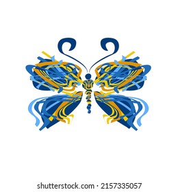 Unusual butterfly of wavy blue and yellow lines. Summer moth with openwork wings. Ukrainian traditional colors