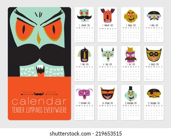 Unusual calendar for 2015. Bright trick or treat halloween illustration with cute, funny, evil, fearsome monsters in cartoon style. Can be good happy birthday cards. Organizer and schedule.