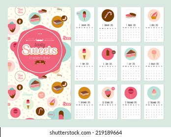 Unusual calendar for 2015 with cartoon backing tasty sweets. Vector illustration in cute style. Vintage collection. Can be used like happy birthday cards. Good organizer and schedule.