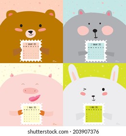 Unusual calendar for 2015 with cartoon and funny animals. Vector illustration in cute style. Vintage collection. Can be used like happy birthday cards. Good organizer and schedule.