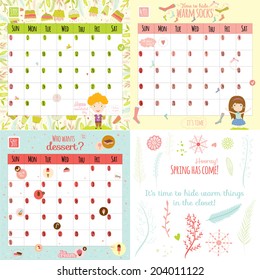 Unusual calendar for 2015 with cartoon and funny animals and kids with place text. Vector illustration in cute style. Can be used like happy birthday cards. Good organizer and schedule.