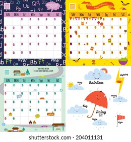 Unusual calendar for 2015 with cartoon and funny animals and kids with place text. Vector illustration in cute style. Can be used like happy birthday cards. Good organizer and schedule.