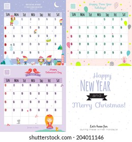 Unusual calendar for 2015 with cartoon and funny animals and kids with place text. Vector illustration in cute style. Can be used like happy birthday cards. Good organizer and schedule.