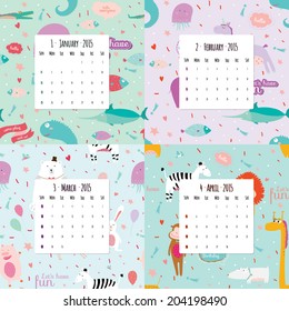 Unusual calendar for 2015 with cartoon and funny animals pattern. Vector illustration in cute style. Vintage collection. Can be used like happy birthday cards. Good organizer and schedule.