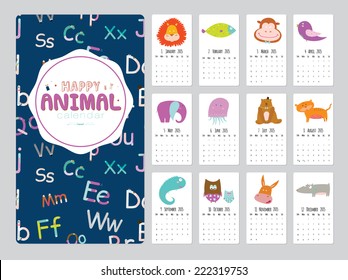 Unusual calendar for 2015 with cartoon and funny animals. Vector illustration in cute style. Vintage collection. Can be used like happy birthday cards. Good organizer and schedule.