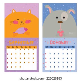 Unusual calendar for 2015 with cartoon and funny animals. Vector illustration in cute style. Vintage collection. Can be used like happy birthday cards. Good organizer and schedule.