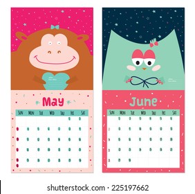 Unusual calendar for 2015 with cartoon and funny animals. Vector illustration in cute style. Vintage collection. Can be used like happy birthday cards. Good organizer and schedule.