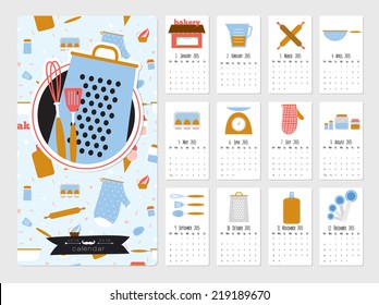 Unusual calendar for 2015. Cute vector food icons with cartoon cooking elements. Vector illustration in cute style. Vintage collection. Good organizer and schedule. Suitable for cafes and restaurants.