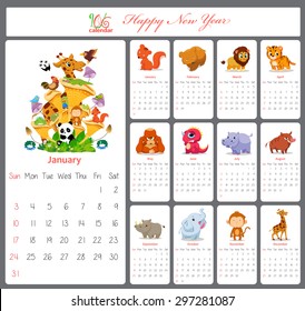 Unusual calendar for 2016 with cartoon and funny animals