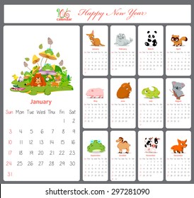 Unusual calendar for 2016 with cartoon and funny animals