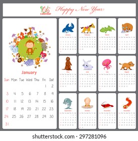 Unusual calendar for 2016 with cartoon and funny animals
