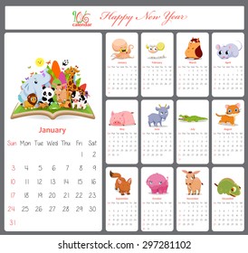 Unusual calendar for 2016 with cartoon and funny animals