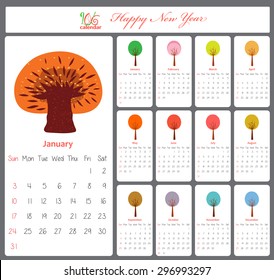 Unusual calendar for 2016 with season trees