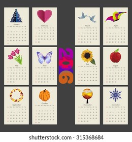 Unusual calendar 2016 year design with symbols month in triangle style, English, Sunday start