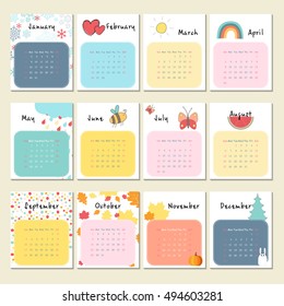 Unusual calendar 2017 in cartoon style with cute animals. Vector illustration.