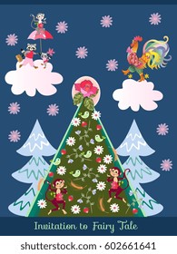 Unusual card " Invitation to fairy tale" with cute cartoon raccoons, rooster and monkeys. Vector illustration.