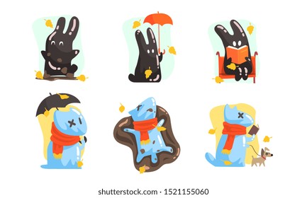 Unusual characters in the form of a dog made of water and a hare of mud. Vector illustration.