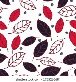 Unusual cherry leaves and seeds vector seamless pattern for decoration, wrapping, textile.